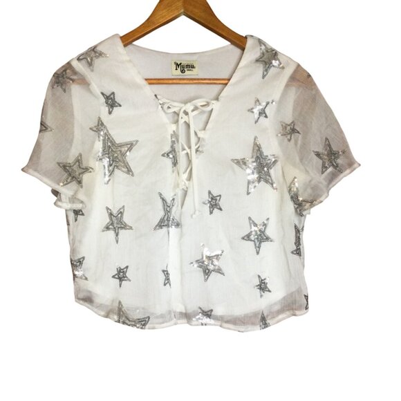 Show Me Your MuMu Tops - Show Me Your Mumu White Sheer Top Silver Star Sequins Lace Up Front